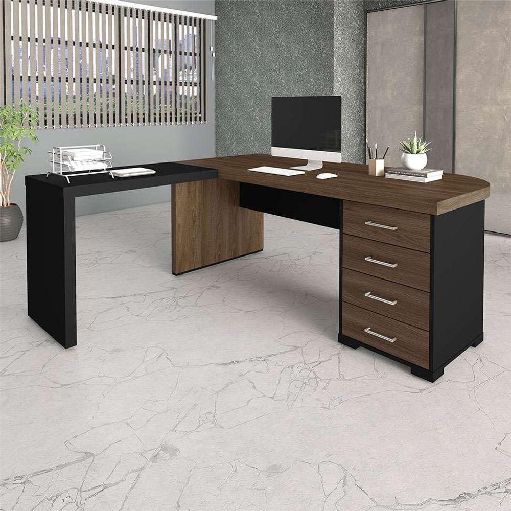 conjunto de mesa de escritório com mesa de apoio executiva 4 gv marrom e preto