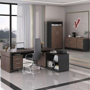 conjunto de mesa com 2 armários de escritório e gaveteiro executivo 5 pt 6 gv marrom e preto