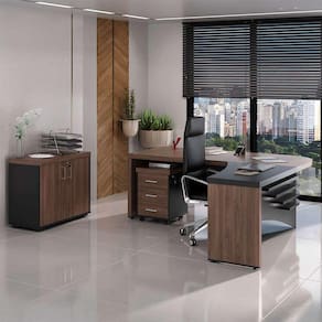 conjunto de mesa com armário de escritório e gaveteiro executivo 2 pt 3 gv charuto e preto