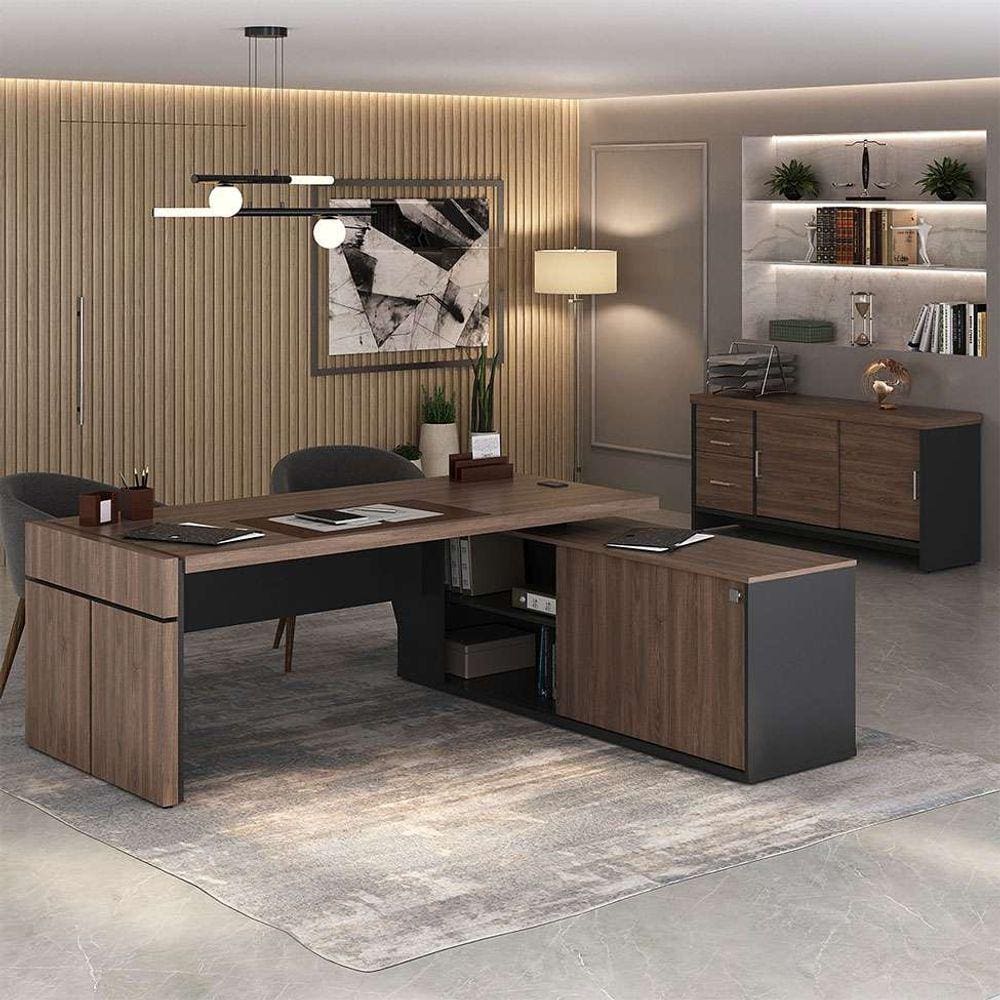 conjunto de mesa com armário de escritório executivo 3 pt 3 gv marrom e preto