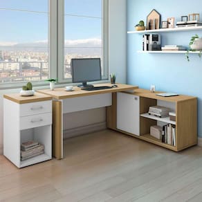 conjunto de escrivaninha com gaveteiro smart toq 1 pt 2 gv branco e olmo