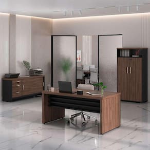conjunto de mesa com 2 armários de escritório executiva 4 pt 3 gv marrom e preto