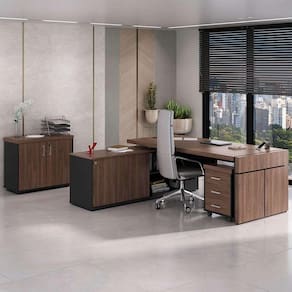 conjunto de mesa com armário de escritório e gaveteiro executivo 3 pt 3 gv marrom e preto