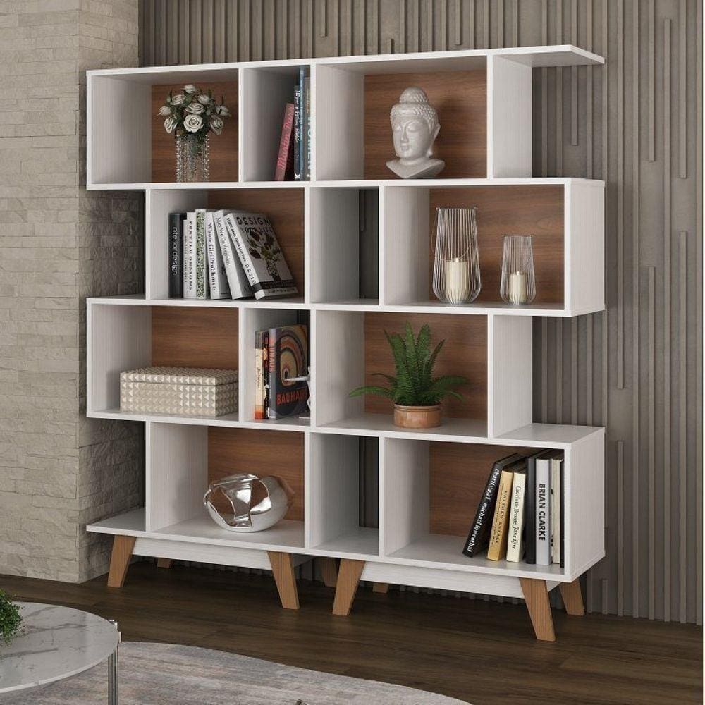 Conjunto 2 Estantes Livreiro 4 Nichos Hecol Móveis Branco/Nogal