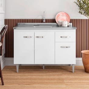 Balcão de Cozinha para Pia Gabriela Flex 120cm 3 Portas 1 Gaveta Sem Tampo Cor Branco - AJL Móveis