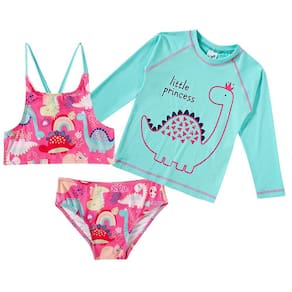 Conjunto Praia Camiseta e Biquíni Top Princess Dino Verde Água Tip Top