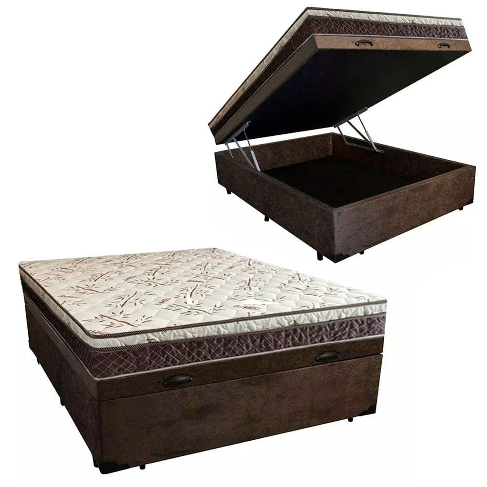 Cama Box Baú Casal Confort Suede Marrom + Colchão Casal Confort Molas Ensacada 61x138x188
