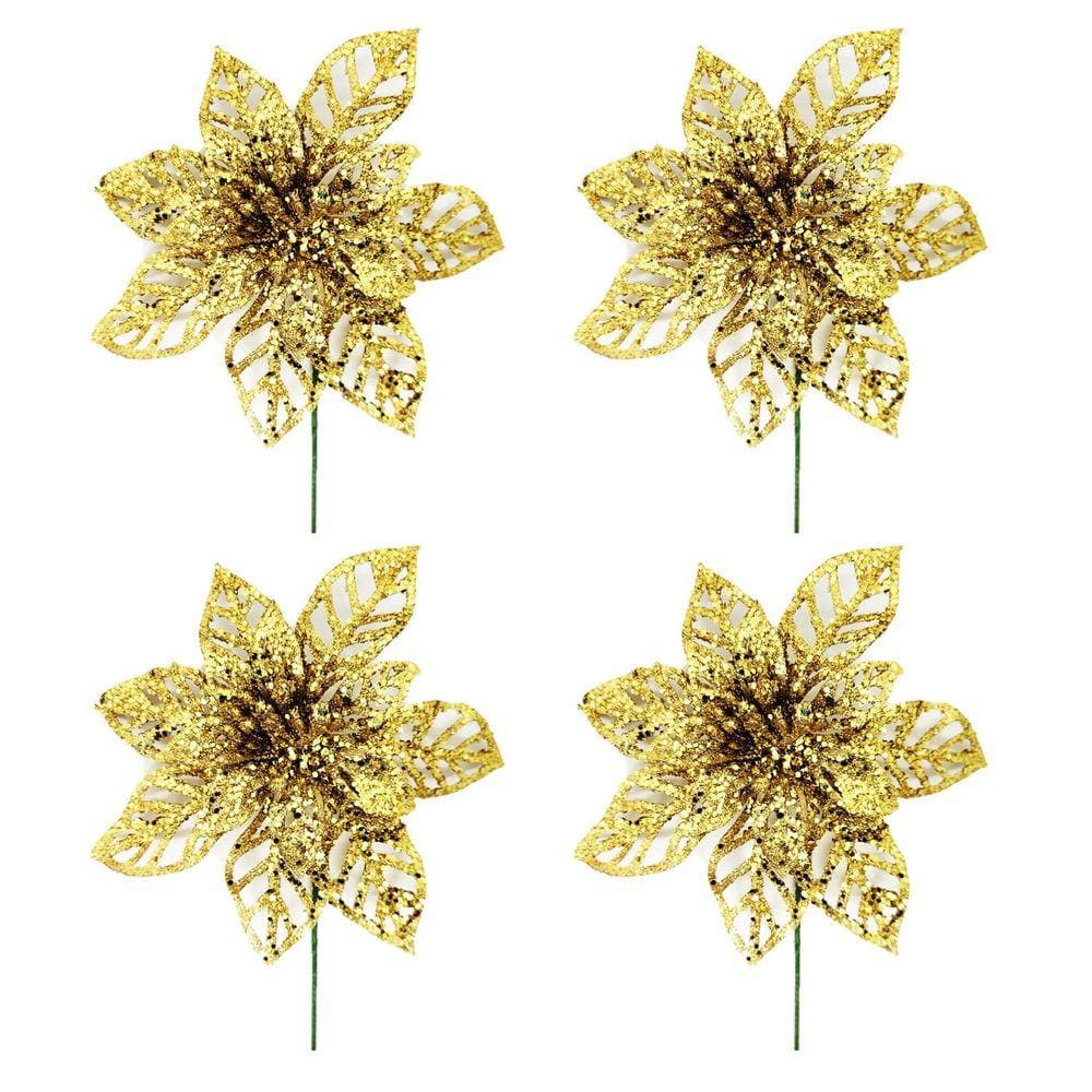 Jogo 4 Flores Pick Vazado Bico de Papagaio Glitter Dourado Natal 14cm - Magizi