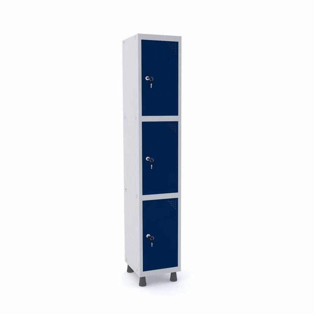 Roupeiro De Aço 1M 03 Portas Fechadura Pandin - Cinza/Azul Del Rey