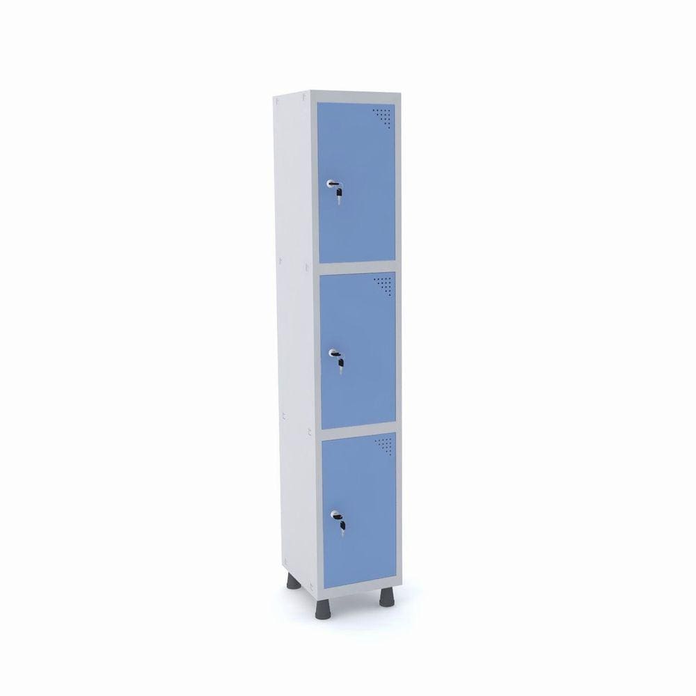 Roupeiro De Aço 1M 03 Portas Fechadura Pandin - Cinza/Azul Dalí