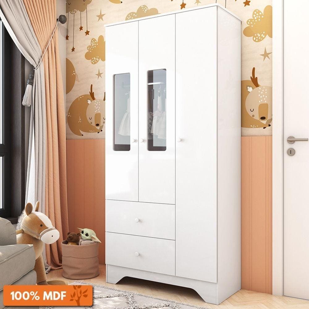 Guarda Roupa Infantil 3 Portas com Janelas 2 Gavetas 100% MDF Ben PlusMóveis Peroba Branco Brilho