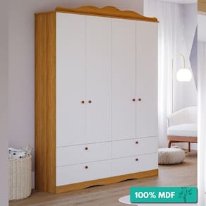 Guarda-Roupa Infantil 100% Mdf 4 Portas 4 Gavetas Encanto Permobili Nature/Branco
