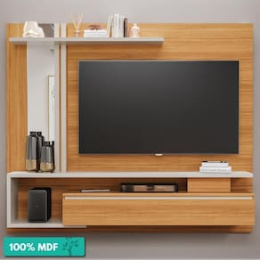 Painel Para Tv Até 60 Polegadas 100% MDF 1 Porta Basculante Nicho e Espelho Treviso Permobili Nature/Off White