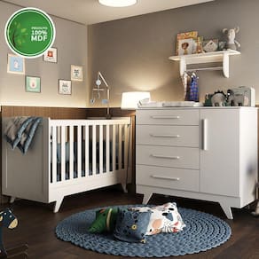 Quarto Bebê Completo com Berço Retro, Cômoda Retrô Lisa e Prateleira Móveis Peroba Branco