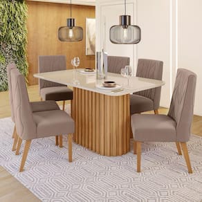 Conjunto Sala de Jantar Tampo MDF/Vidro 6 Cadeiras Mira Marrom/Off White/Marrom Amêndoa
