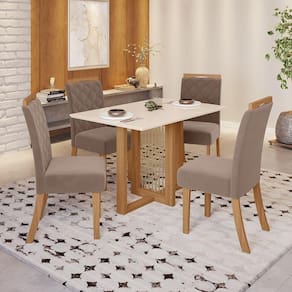Conjunto Sala de Jantar Mesa Tampo MDF com 4 Cadeiras Marie Marrom/Off White/Marrom Amêndoa