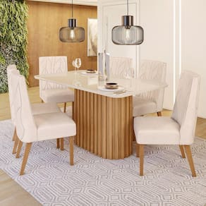 Conjunto Sala de Jantar Tampo MDF/Vidro 6 Cadeiras Mira Marrom/Off White/Linho