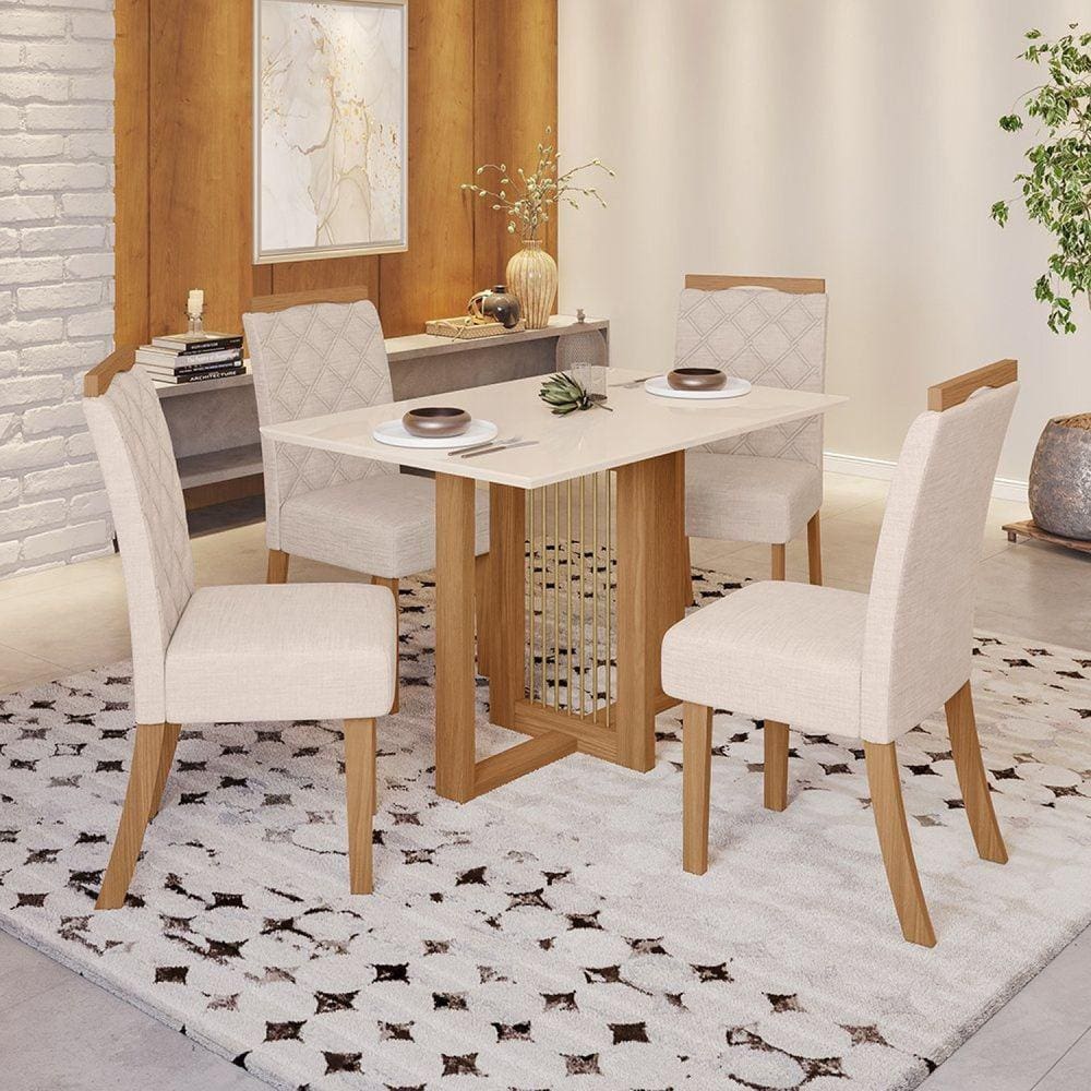 Conjunto Sala de Jantar Mesa Tampo MDF com 4 Cadeiras Marie Marrom/Off White/Linho