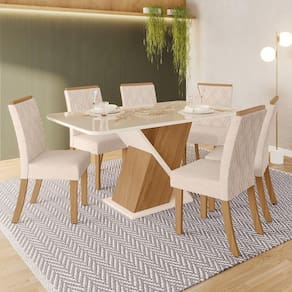Conjunto Sala de Jantar Tampo MDF/Vidro Canto Moeda com 6 Cadeiras Helena Marrom/Off White/Linho