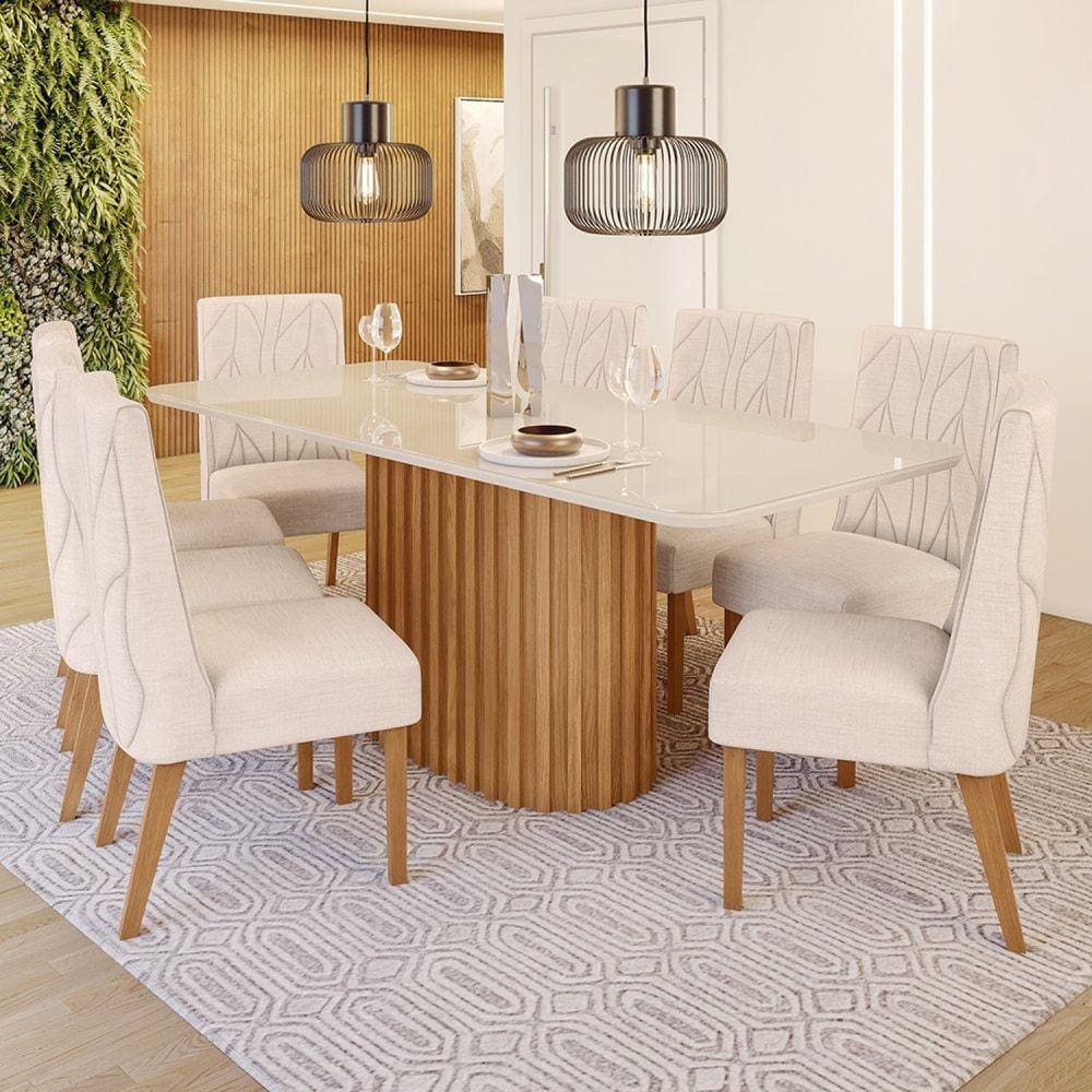 Conjunto Sala de Jantar Tampo MDF/Vidro 8 Cadeiras Mira Marrom/Off White/Linho