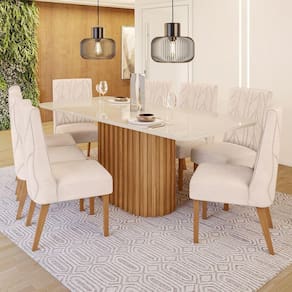 Conjunto Sala de Jantar Tampo MDF/Vidro 8 Cadeiras Mira Marrom/Off White/Linho