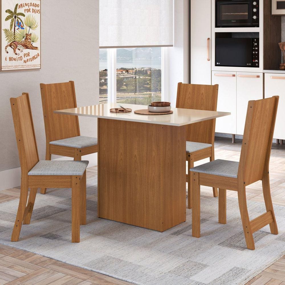 Conjunto Sala de Jantar Mesa com 4 Cadeiras Dalila Yescasa Freijó/Off White/Linho