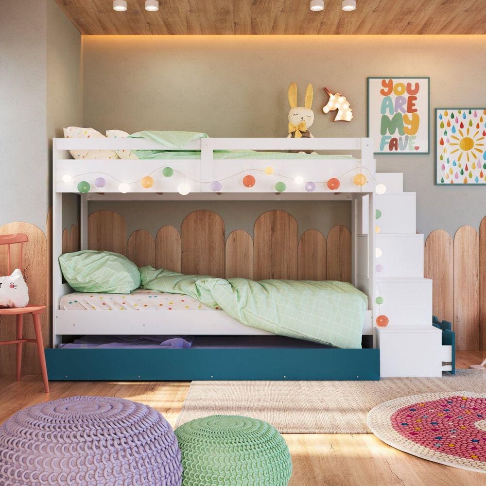 Treliche Infantil com Cama Auxiliar Escada Nichos e Gavetas Laterais Branco/Azul Secreto