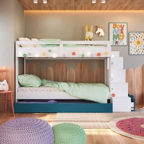 Treliche Infantil com Cama Auxiliar Escada Nichos e Gavetas Laterais Branco/Azul Secreto