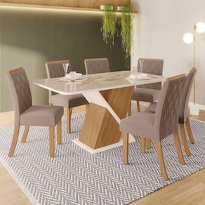 Conjunto Sala de Jantar Tampo MDF/Vidro Canto Moeda com 6 Cadeiras Helena Marrom/Off White/Bege