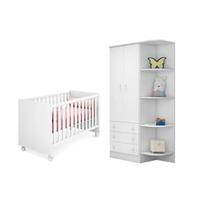 Guarda Roupa Infantil 2 Portas e Berço Mini Cama Americano Doce Sonho Branco – Qmovi