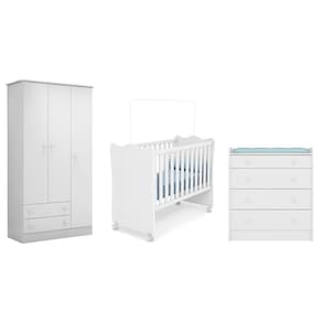 Quarto Infantil Guarda Roupa 3 Portas Doce Sonho, Berço e Cômoda Trocador Branco – Qmovi