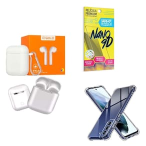 Kit Fone Sem Fio + Capinha Samsung S21 Fe + Película 9D