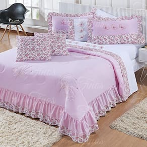 Kit Cobre Leito Bordado Naturalle Super King 07 Peças - Rosa