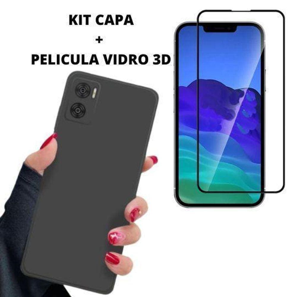 Kit Capa Veludo Compatível Moto E22 Preto+ Pelicula 3D