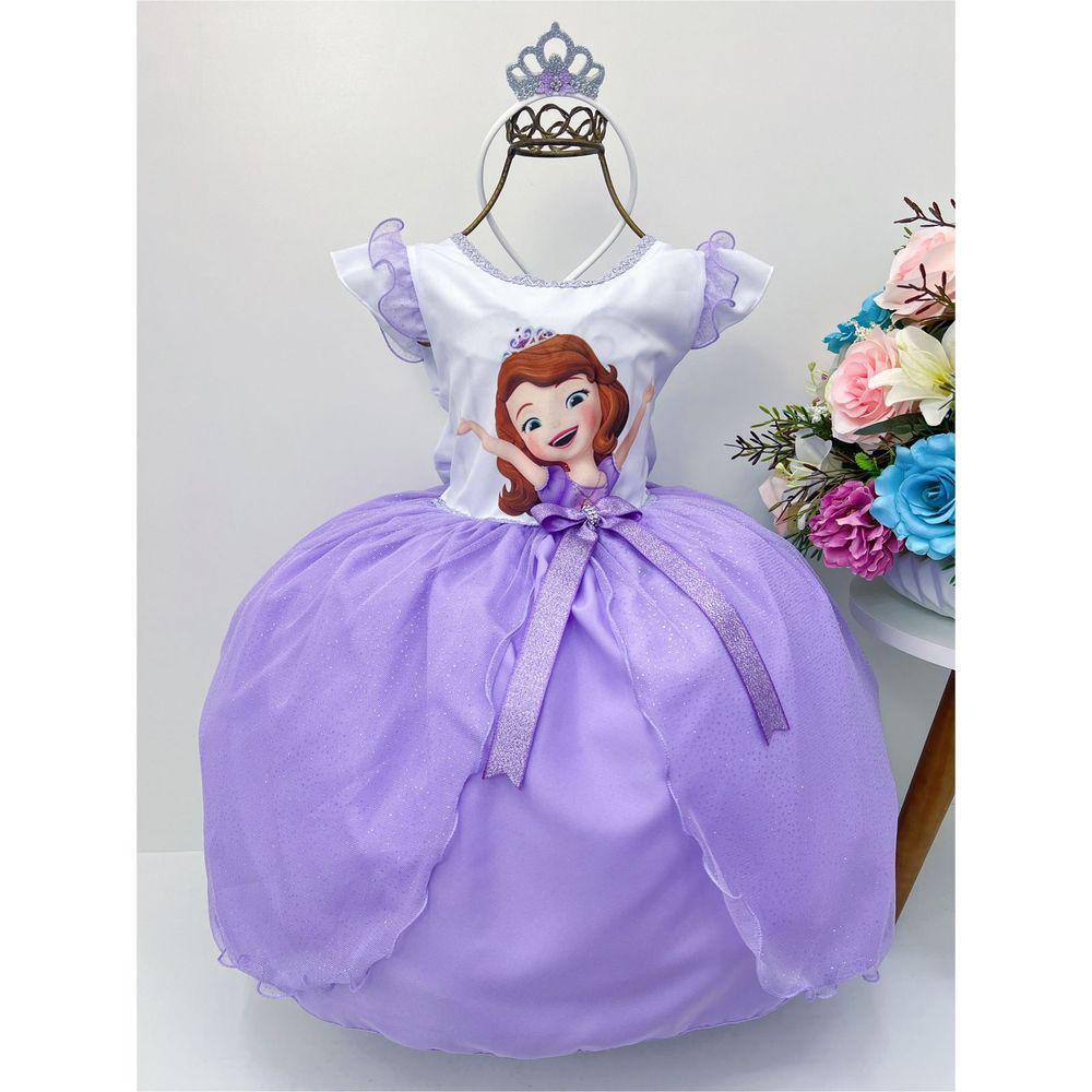 Vestido Infantil Princesa Sofia Lilás Aplique Pérolas Luxo