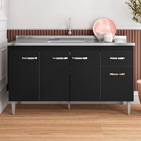 Balcão de Cozinha para Pia Gabriela 150cm 4 Portas 1 Gaveta Sem Tampo Cor Preto - AJL Móveis