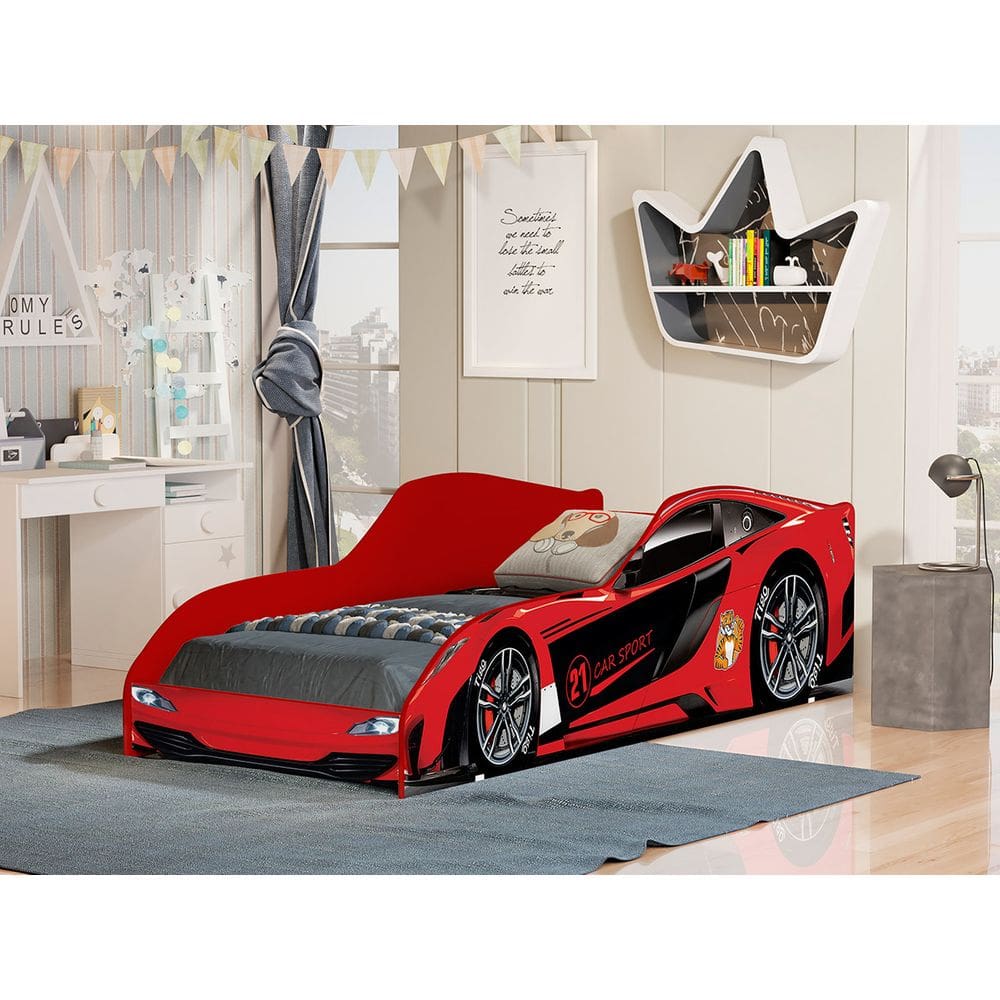 Cama Carro Infantil Vermelho com Grade de Proteção