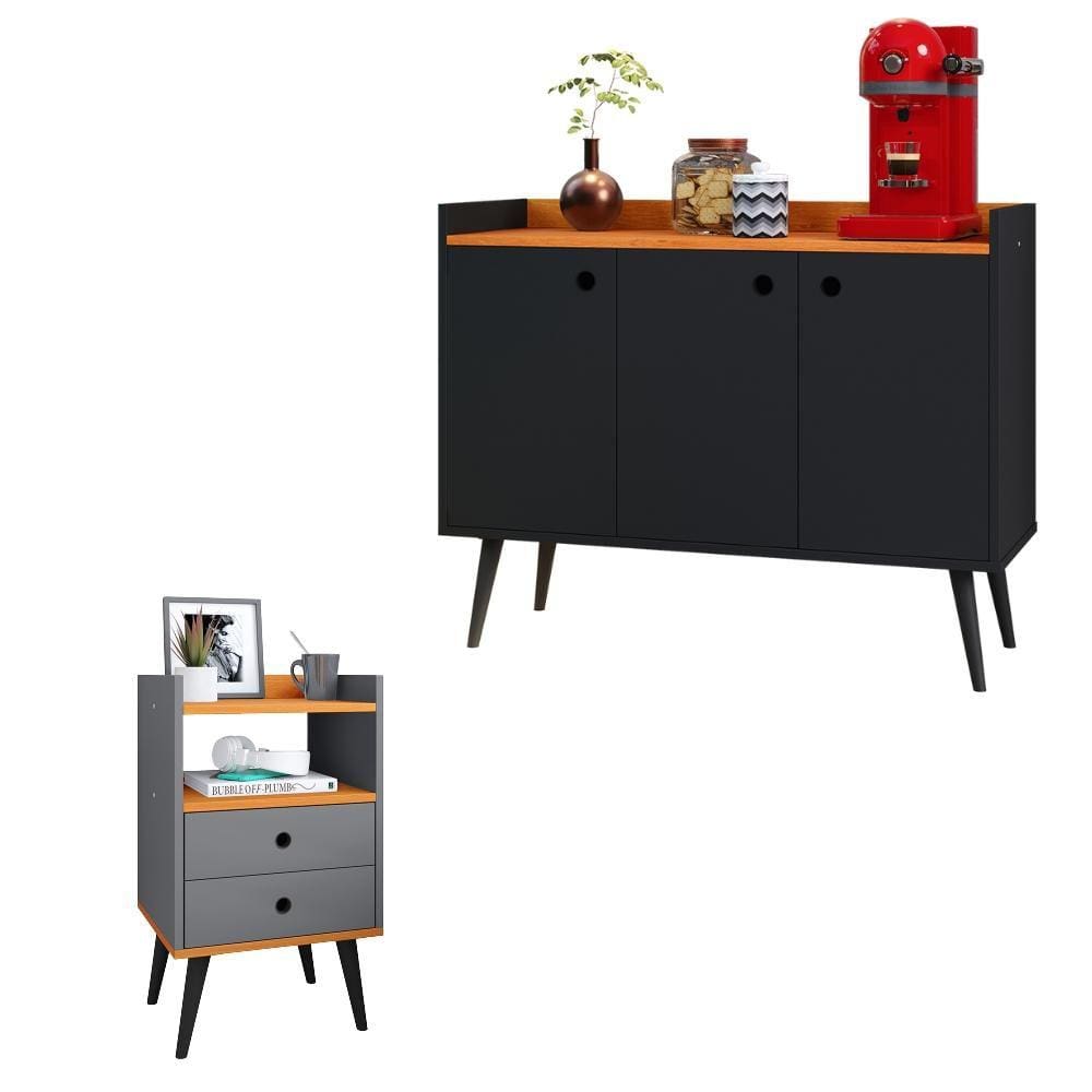 Kit Aparador Buffet Wood New Preto 3 Portas e Mesa de Cabeceira Dream 2 Gavetas Pés Retrô Palito Cinza|Cinamomo - RPM Móveis