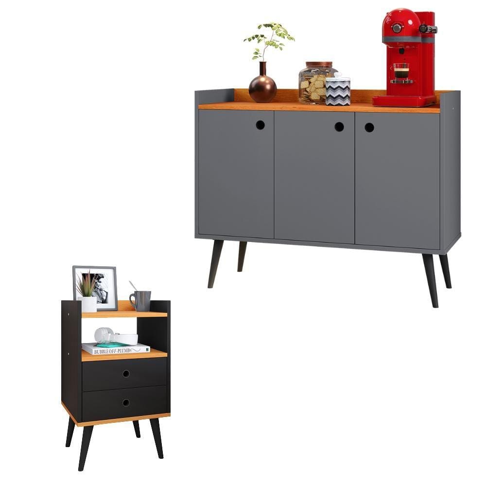 Kit Aparador Buffet Wood New Cinza 3 Portas e Mesa de Cabeceira Dream 2 Gavetas Pés Retrô Palito Preto|Cinamomo - RPM Móveis