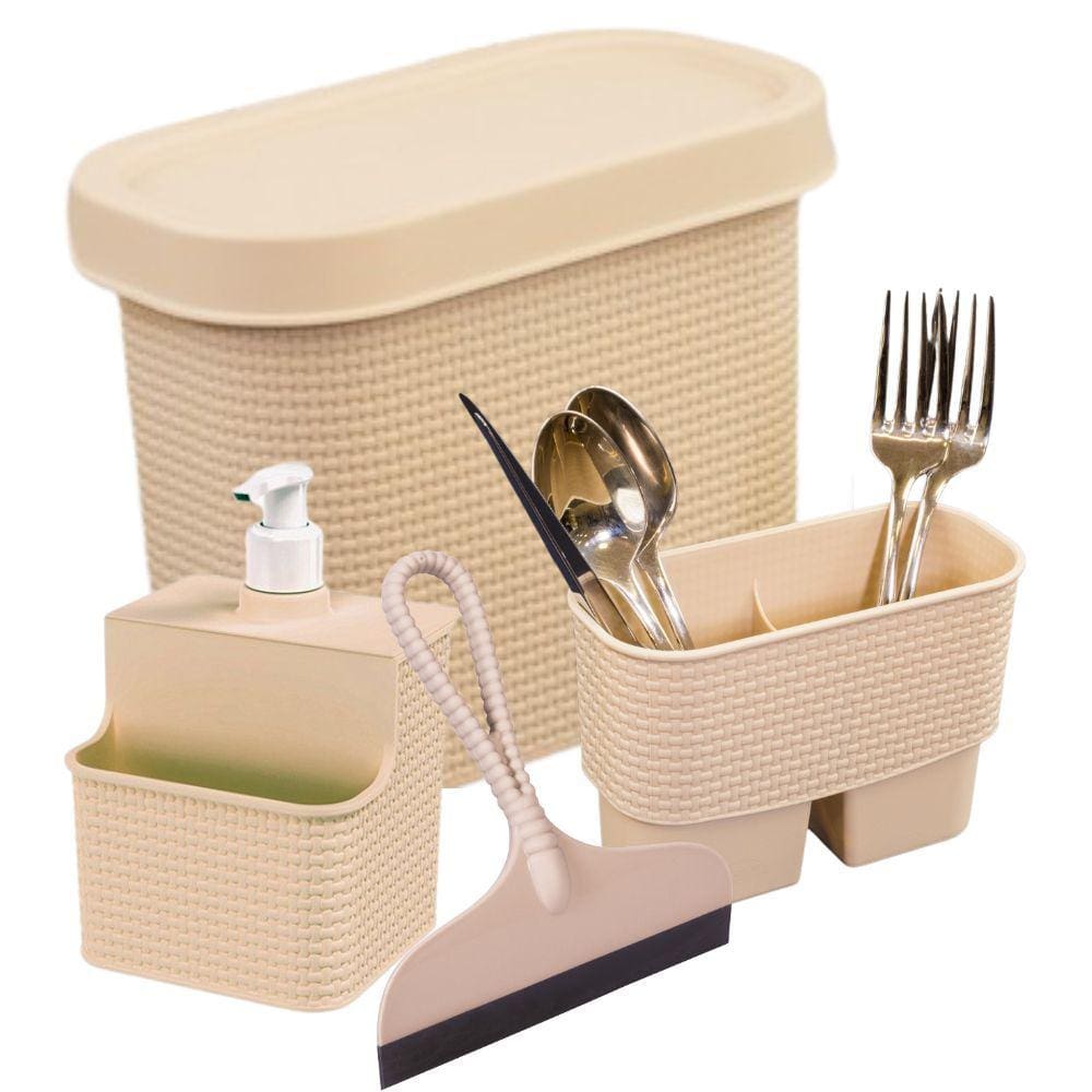 Kit para Pia Lixeira 3,3 litros, escorredor de talheres, conjunto porta detergente/esponja 500ml e rodinho Tear Plasutil
