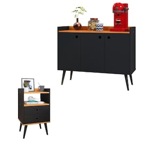 Kit Aparador Buffet Wood New 3 Portas e Mesa de Cabeceira Dream 2 Gavetas Pés Retrô Palito - Preto/Cinamomo - RPM Móveis
