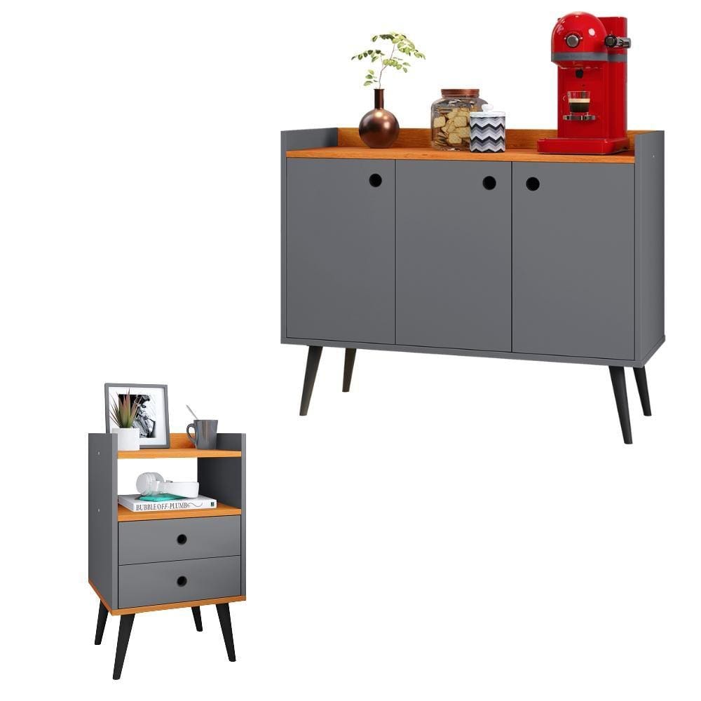 Kit Aparador Buffet Wood New 3 Portas e Mesa de Cabeceira Dream 2 Gavetas Pés Retrô Palito Cinza|Cinamomo - RPM Móveis
