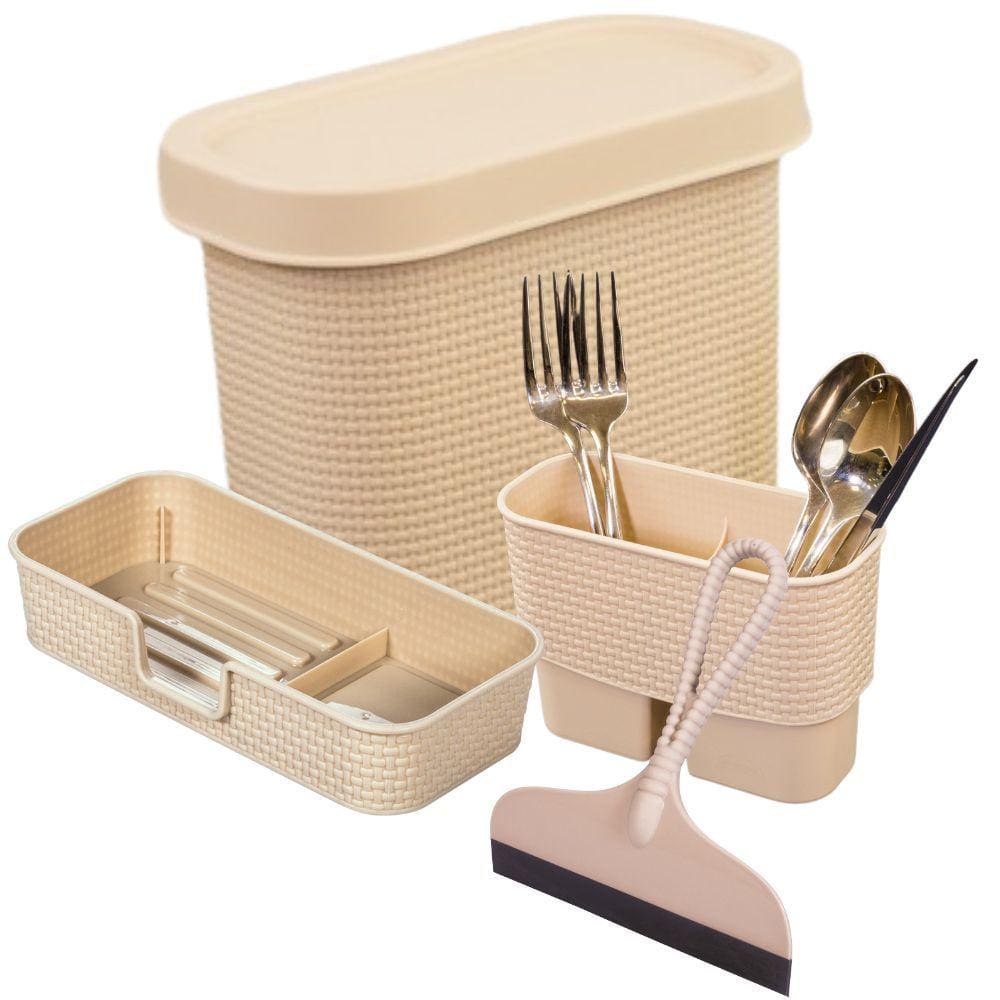 Kit para Pia Lixeira 3,3 litros, escorredor de talheres, porta detergente/esponja e rodinho Tear Plasutil