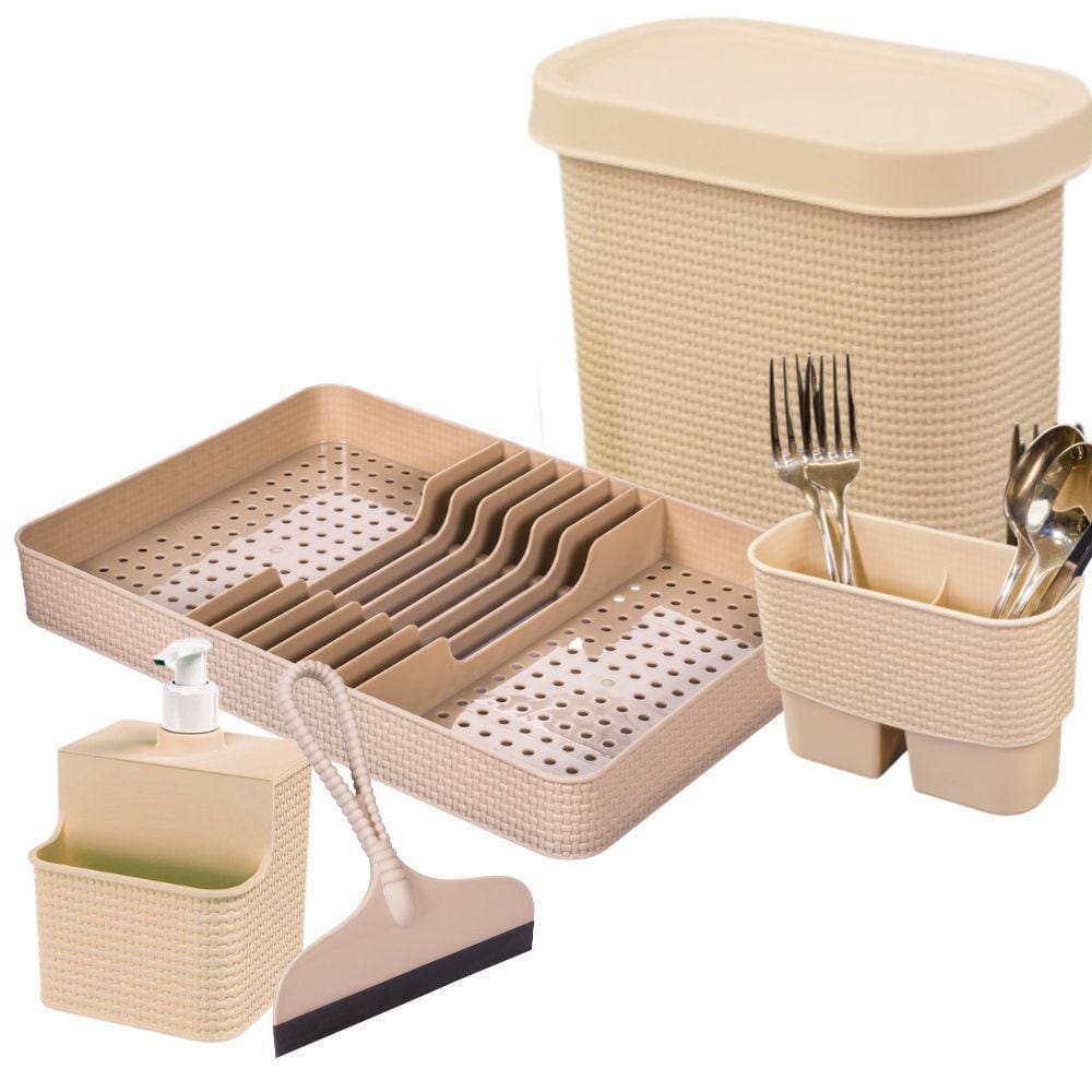 Kit para Pia lixeira 3,3l escorredor de pratos, talheres, conj porta detergente/esponja 500ml e rodinho Tear Plasutil
