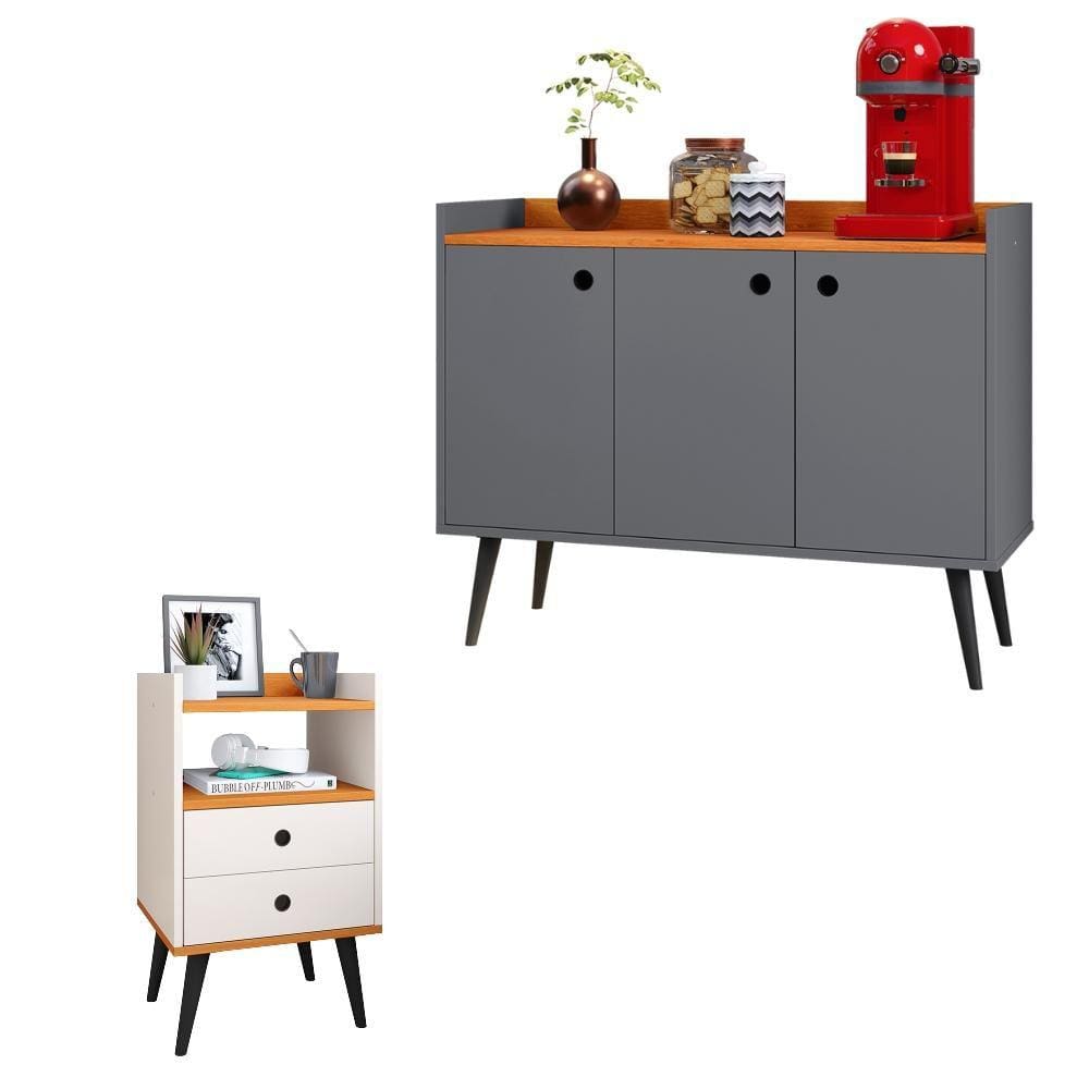 Kit Aparador Buffet Wood New Cinza 3 Portas e Mesa de Cabeceira Dream 2 Gavetas Pés Retrô Palito Off White|Cinamomo - RPM Móveis