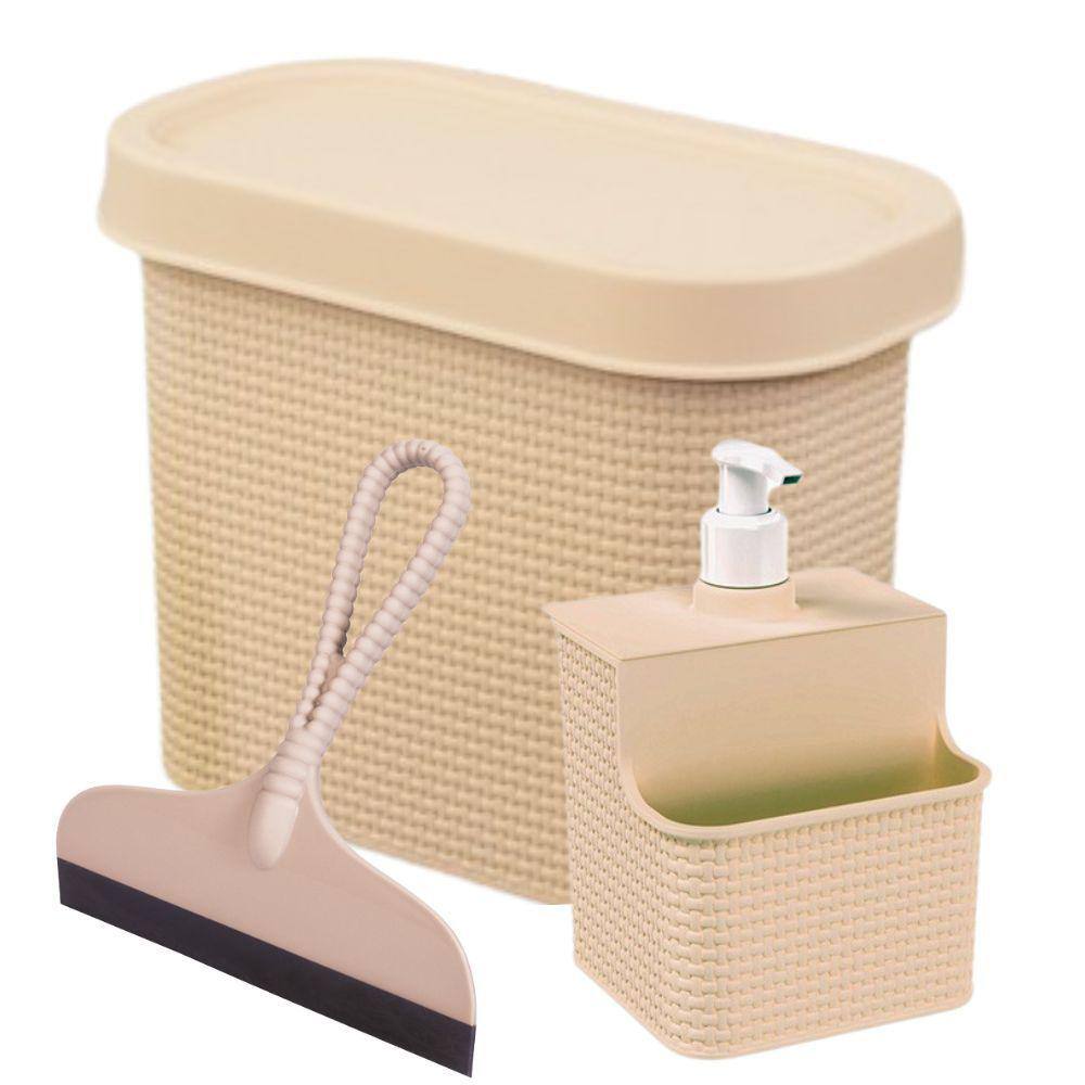 Kit para Pia Lixeira 3,3 litros, conjunto porta detergente/esponja 500ml e rodinho Tear Plasutil