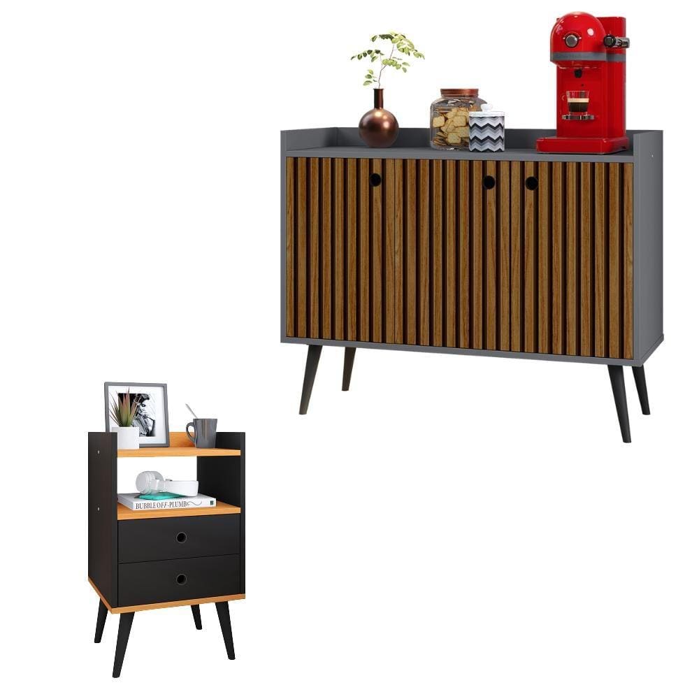 Kit Aparador Buffet Wood New Cinza Ripado 3 Portas e Mesa de Cabeceira Dream 2 Gavetas Pés Retrô Palito Preto|Cinamomo - RPM Móveis