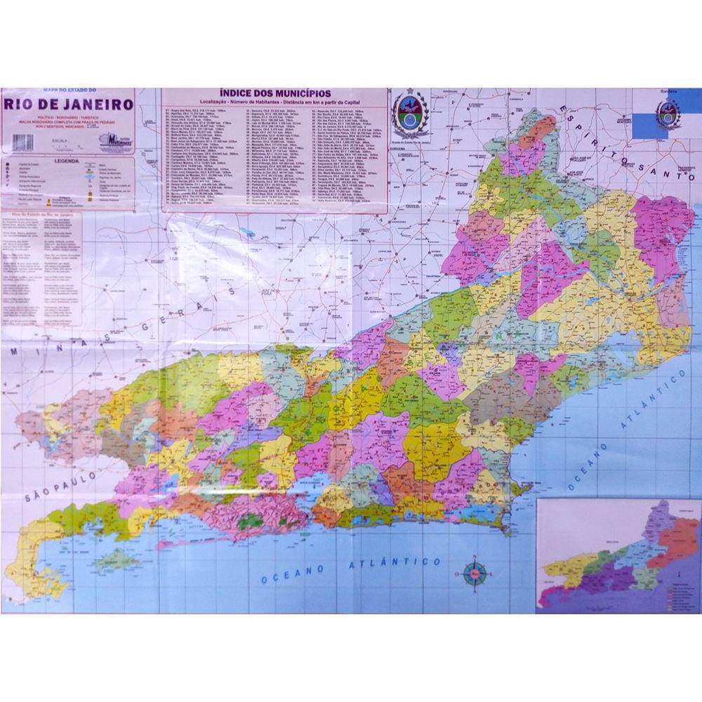 Mapa do Estado do Rio de Janeiro Político Rodoviário Turístico Malha Rodoviária Completa 120x90CM