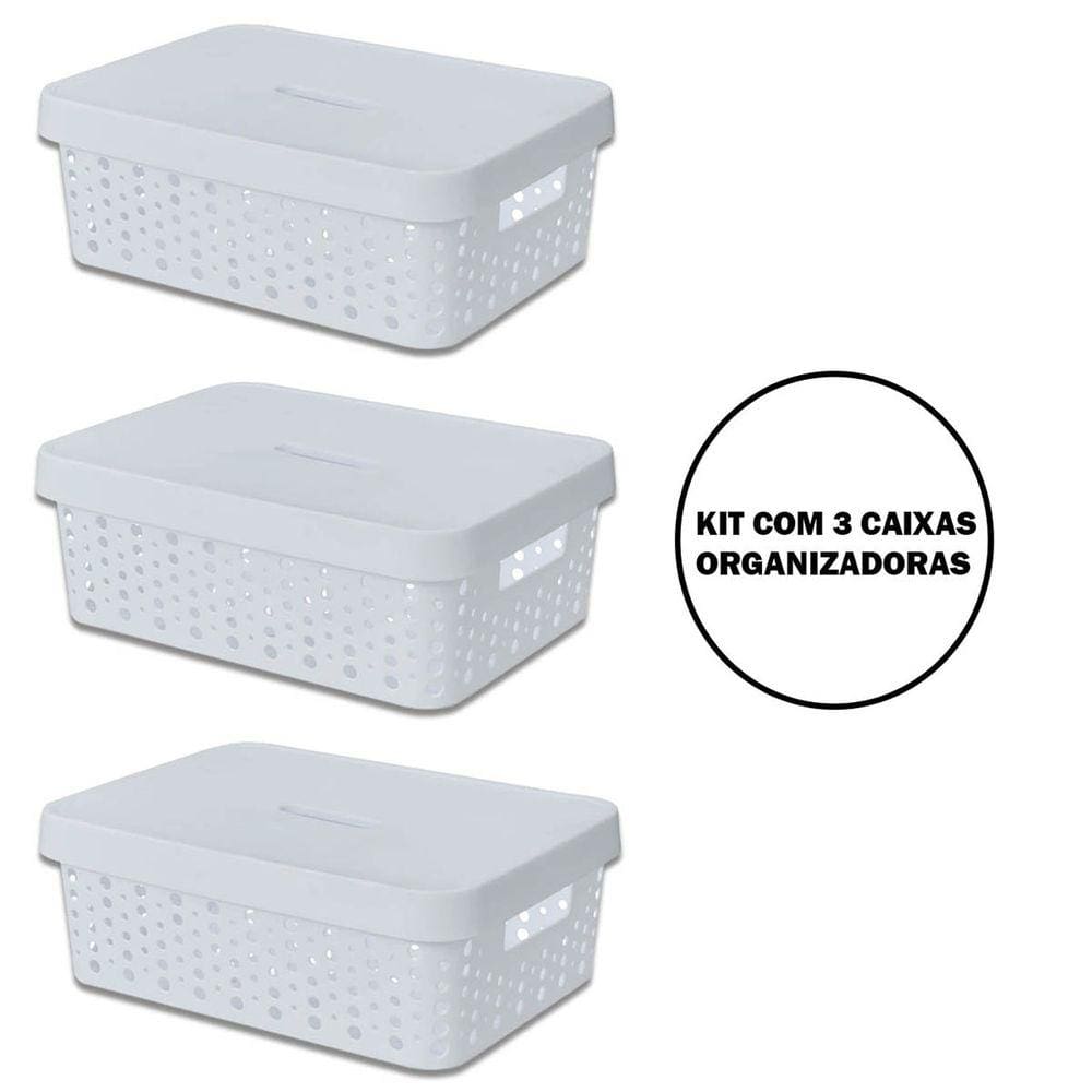 Kit Com 3 Caixas Organizadoras Com Tampa 11L Branco
