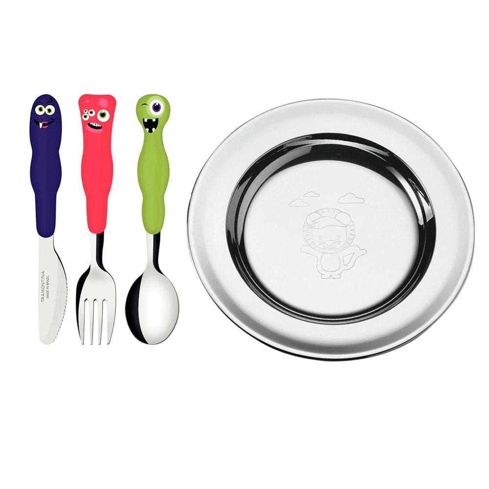 Kit Prato Inox Baby Friends Infantil e Jogo de Talheres 3 Peças Lirous Tramontina